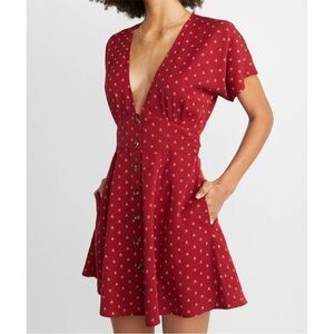 Marine Layer Camila Button Front Deep V Neck Tie Waist Mini Dress Red XS